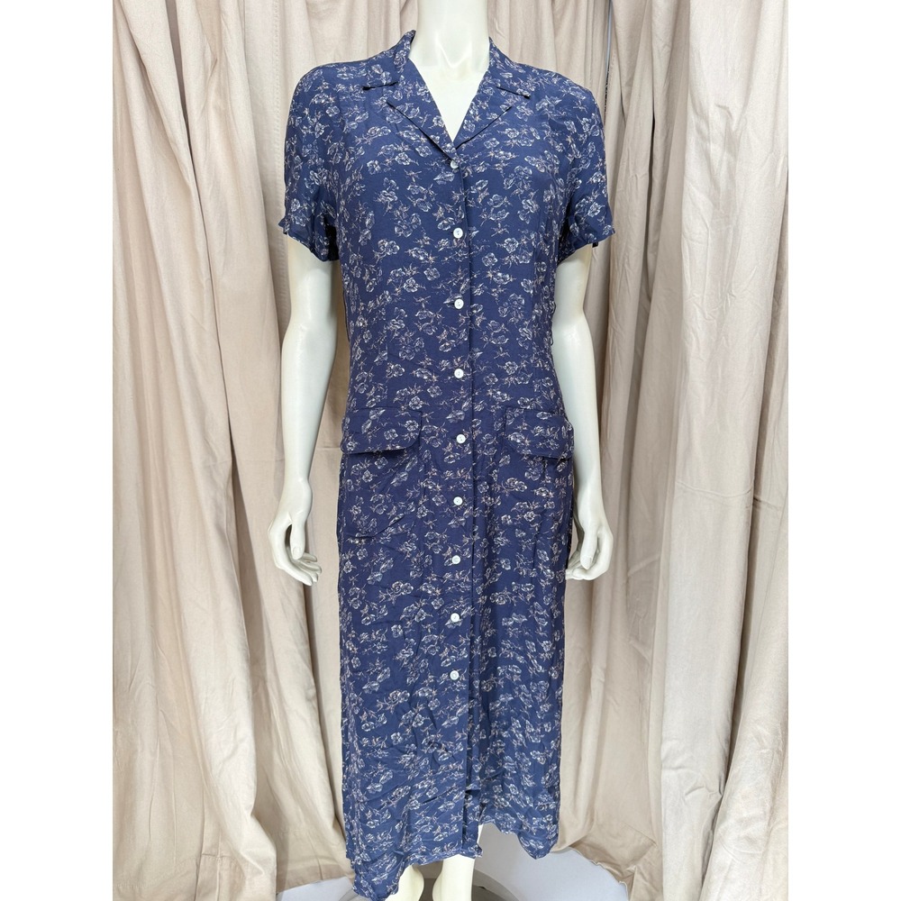 90s Vintage Gap Navy Floral Rayon Button Front Midi Dress Small